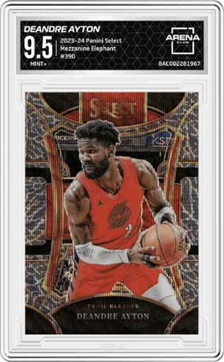 Deandre Ayton from the 2023-24 Panini Select  set featuring a Elephant Prizm parallel graded by Arena Club and given an overall grade of 9.5.