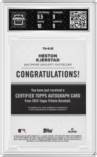 Heston Kjerstad from the 2024 Topps Tribute set featuring a Green parallel graded by Arena Club and given an overall grade of 9.