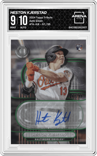 Heston Kjerstad from the 2024 Topps Tribute set featuring a Green parallel graded by Arena Club and given an overall grade of 9.