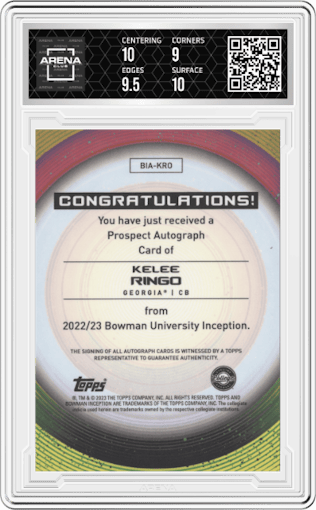 Kelee Ringo from the 2022-23 Bowman University Inception set featuring a Blue Foil parallel graded by Arena Club and given an overall grade of 9.5.