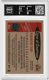 Robinson Cano from the 2003 Bowman Heritage set graded by Arena Club and given an overall grade of 8.5.