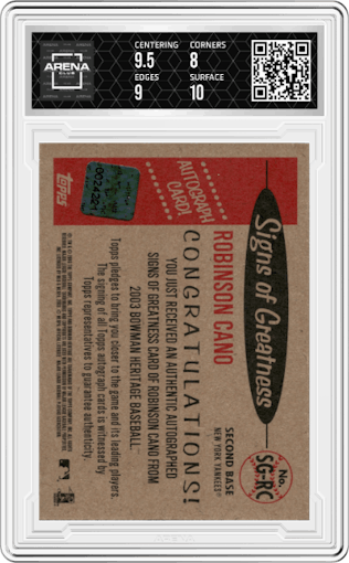 Robinson Cano from the 2003 Bowman Heritage set graded by Arena Club and given an overall grade of 8.5.