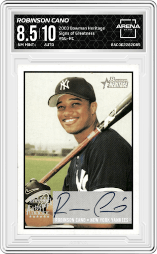 Robinson Cano from the 2003 Bowman Heritage set graded by Arena Club and given an overall grade of 8.5.