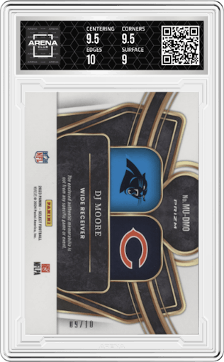 DJ Moore from the 2023 Panini Select set featuring a Gold Prizm parallel graded by Arena Club and given an overall grade of 9.5.
