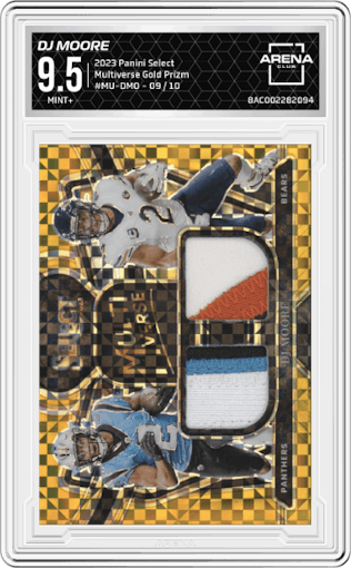 DJ Moore from the 2023 Panini Select set featuring a Gold Prizm parallel graded by Arena Club and given an overall grade of 9.5.