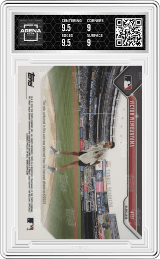 Victor Wembanyama from the 2023 Topps Now set featuring a Purple parallel graded by Arena Club and given an overall grade of 9.5.
