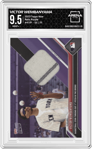 Victor Wembanyama from the 2023 Topps Now set featuring a Purple parallel graded by Arena Club and given an overall grade of 9.5.