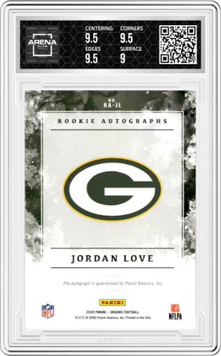 Jordan Love from the 2020 Panini Origins set graded by Arena Club and given an overall grade of 9.5.