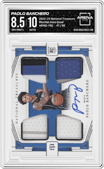 Paolo Banchero from the 2022-23 Panini National Treasures set graded by Arena Club and given an overall grade of 8.5.