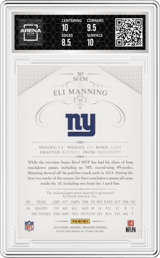 Eli Manning from the 2014 Panini National Treasures set featuring a Gold  parallel graded by Arena Club and given an overall grade of 9.