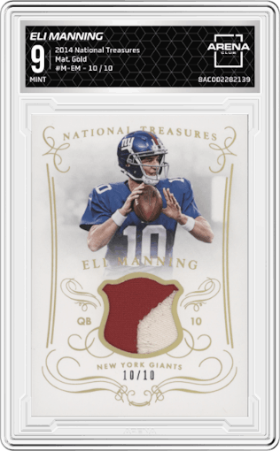 Eli Manning from the 2014 Panini National Treasures set featuring a Gold  parallel graded by Arena Club and given an overall grade of 9.
