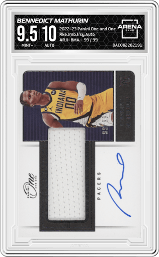 Bennedict Mathurin from the 2022-23 Panini One and One set graded by Arena Club and given an overall grade of 9.5.