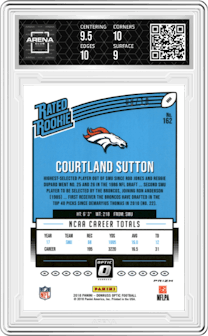 Courtland Sutton from the 2018 Panini Donruss Optic set featuring a Gold parallel graded by Arena Club and given an overall grade of 9.5.