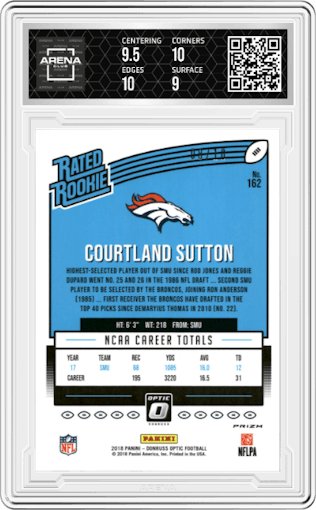Courtland Sutton from the 2018 Panini Donruss Optic set featuring a Gold parallel graded by Arena Club and given an overall grade of 9.5.
