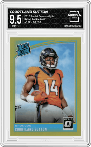Courtland Sutton from the 2018 Panini Donruss Optic set featuring a Gold parallel graded by Arena Club and given an overall grade of 9.5.