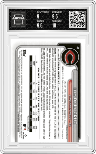 Elly De La Cruz from the 2024 Bowman Chrome Mega Box set featuring a Aqua Refractor parallel graded by Arena Club and given an overall grade of 9.5.