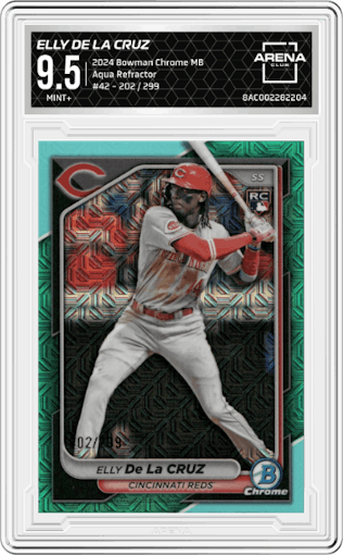 Elly De La Cruz from the 2024 Bowman Chrome Mega Box set featuring a Aqua Refractor parallel graded by Arena Club and given an overall grade of 9.5.