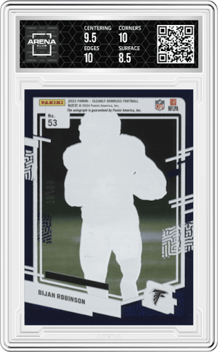 Bijan Robinson from the 2023 Clearly Donruss set featuring a Blue parallel graded by Arena Club and given an overall grade of 9.