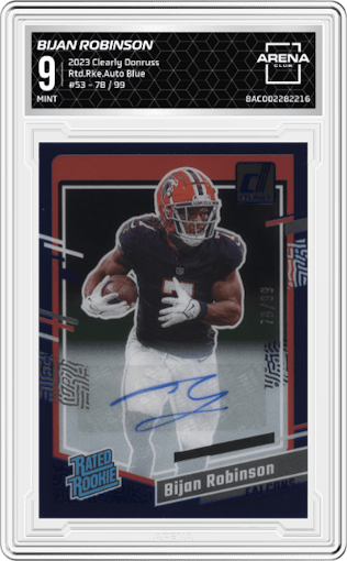 Bijan Robinson from the 2023 Clearly Donruss set featuring a Blue parallel graded by Arena Club and given an overall grade of 9.
