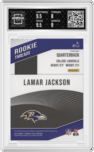 Lamar Jackson from the 2018 Panini Donruss Optic set featuring a Yellow/Red parallel graded by Arena Club and given an overall grade of 8.5.