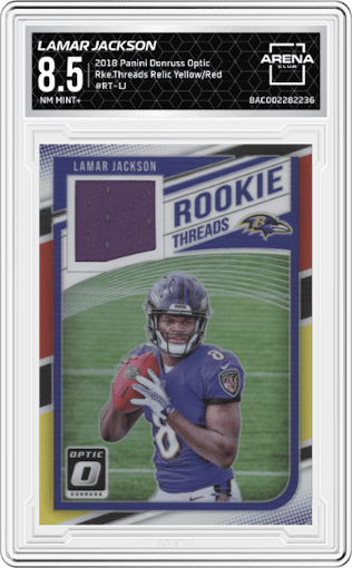 Lamar Jackson from the 2018 Panini Donruss Optic set featuring a Yellow/Red parallel graded by Arena Club and given an overall grade of 8.5.