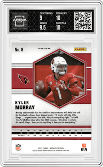 Kyler Murray from the 2021 Panini Mosaic set featuring a Honeycomb parallel graded by Arena Club and given an overall grade of 9.5.