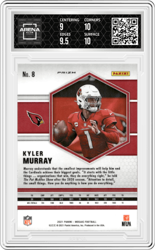 Kyler Murray from the 2021 Panini Mosaic set featuring a Honeycomb parallel graded by Arena Club and given an overall grade of 9.5.