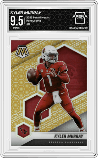 Kyler Murray from the 2021 Panini Mosaic set featuring a Honeycomb parallel graded by Arena Club and given an overall grade of 9.5.