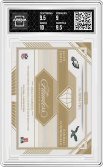 Jalen Hurts/Randall Cunningham from the 2023 Panini Flawless set graded by Arena Club and given an overall grade of 9.5.
