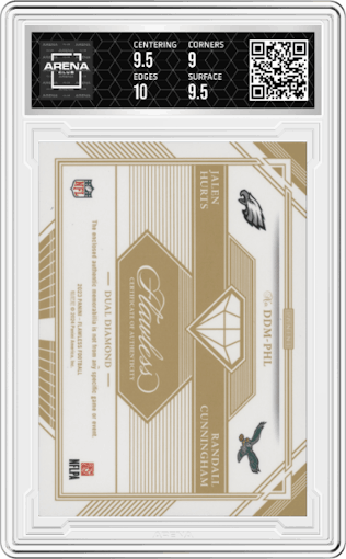 Jalen Hurts/Randall Cunningham from the 2023 Panini Flawless set graded by Arena Club and given an overall grade of 9.5.