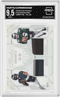 Jalen Hurts/Randall Cunningham from the 2023 Panini Flawless set graded by Arena Club and given an overall grade of 9.5.