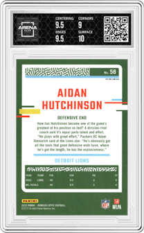 Aidan Hutchinson from the 2023 Donruss Optic set featuring a White Sparkle parallel graded by Arena Club and given an overall grade of 9.5.