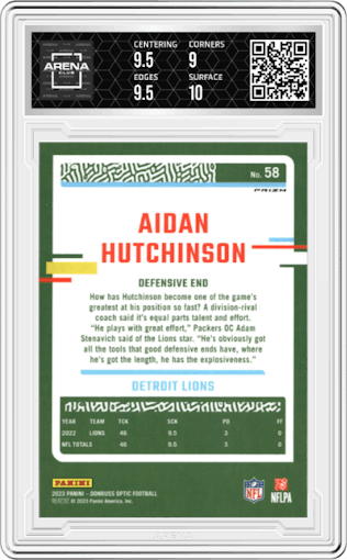 Aidan Hutchinson from the 2023 Donruss Optic set featuring a White Sparkle parallel graded by Arena Club and given an overall grade of 9.5.