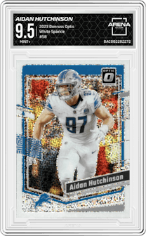 Aidan Hutchinson from the 2023 Donruss Optic set featuring a White Sparkle parallel graded by Arena Club and given an overall grade of 9.5.