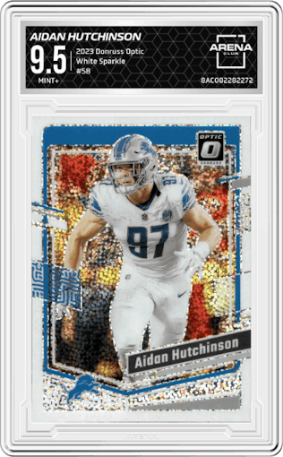 Aidan Hutchinson from the 2023 Donruss Optic set featuring a White Sparkle parallel graded by Arena Club and given an overall grade of 9.5.