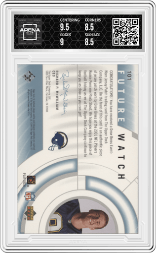 Drew Brees from the 2001 SP Authentic set graded by Arena Club and given an overall grade of 9.