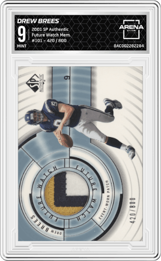Drew Brees from the 2001 SP Authentic set graded by Arena Club and given an overall grade of 9.