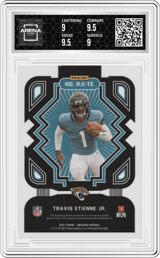 Travis Etienne Jr. from the 2021 Panini Obsidian set featuring a Electric Etch Orange parallel graded by Arena Club and given an overall grade of 9.5.