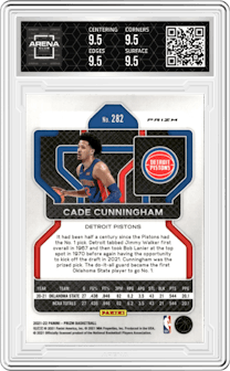Cade Cunningham from the 2021-22 Panini Prizm  set featuring a Red/White/Blue Prizm parallel graded by Arena Club and given an overall grade of 9.5.