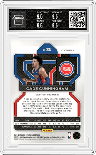 Cade Cunningham from the 2021-22 Panini Prizm  set featuring a Red/White/Blue Prizm parallel graded by Arena Club and given an overall grade of 9.5.