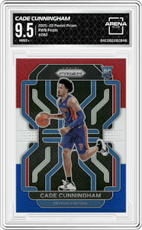 Cade Cunningham from the 2021-22 Panini Prizm  set featuring a Red/White/Blue Prizm parallel graded by Arena Club and given an overall grade of 9.5.