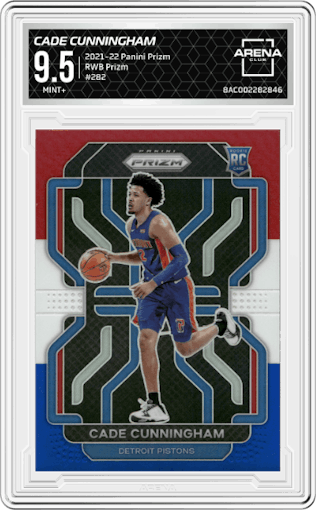 Cade Cunningham from the 2021-22 Panini Prizm  set featuring a Red/White/Blue Prizm parallel graded by Arena Club and given an overall grade of 9.5.