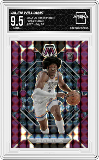 Jalen Williams from the 2022-23 Panini Mosaic set featuring a Purple Mosaic parallel graded by Arena Club and given an overall grade of 9.5.