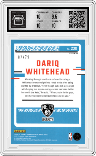 Dariq Whitehead from the 2023-24 Donruss Optic set featuring a Pink Velocity parallel graded by Arena Club and given an overall grade of 10.