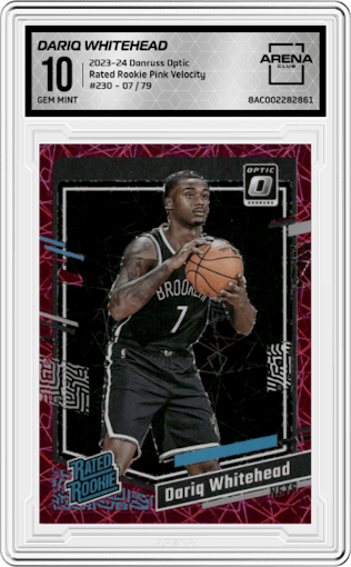 Dariq Whitehead from the 2023-24 Donruss Optic set featuring a Pink Velocity parallel graded by Arena Club and given an overall grade of 10.
