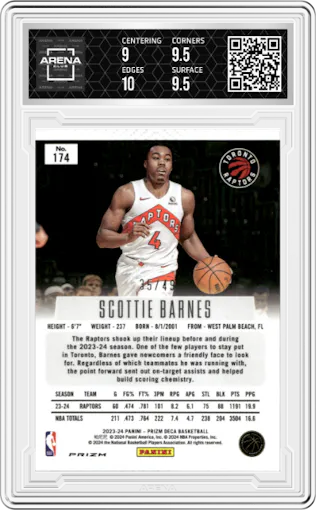 Scottie Barnes from the 2023-24 Panini Prizm Deca set featuring a Orange Prizm parallel graded by Arena Club and given an overall grade of 9.5.