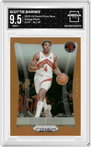 Scottie Barnes from the 2023-24 Panini Prizm Deca set featuring a Orange Prizm parallel graded by Arena Club and given an overall grade of 9.5.