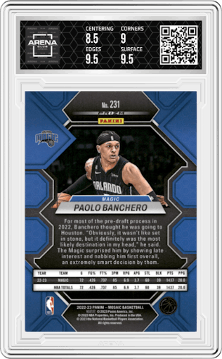 Paolo Banchero from the 2022-23 Panini Mosaic set featuring a Reactive Blue parallel graded by Arena Club and given an overall grade of 9.