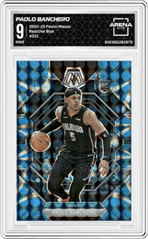 Paolo Banchero from the 2022-23 Panini Mosaic set featuring a Reactive Blue parallel graded by Arena Club and given an overall grade of 9.