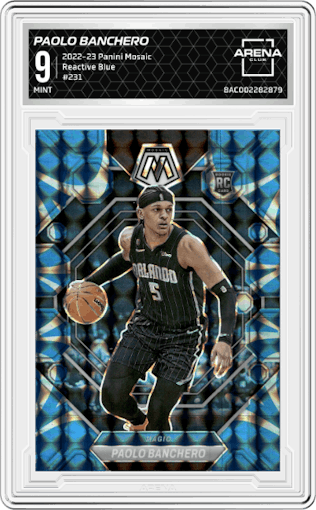 Paolo Banchero from the 2022-23 Panini Mosaic set featuring a Reactive Blue parallel graded by Arena Club and given an overall grade of 9.